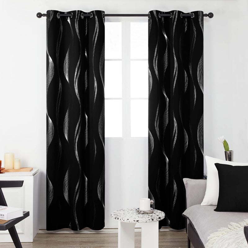 Deconovo Black Blackout Curtains 2 Panel Set for Bedroom, Thermal Insulated Grommet Room Darkening Window Drapes for Living Room, Silver Wave Foil Print, 42W x 84L Inch - Image 2